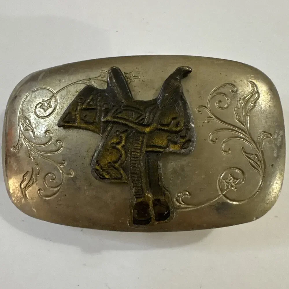 Vintage Western Belt Buckle Silver Engraved Ornate Brass Spinning Kinetic Saddle